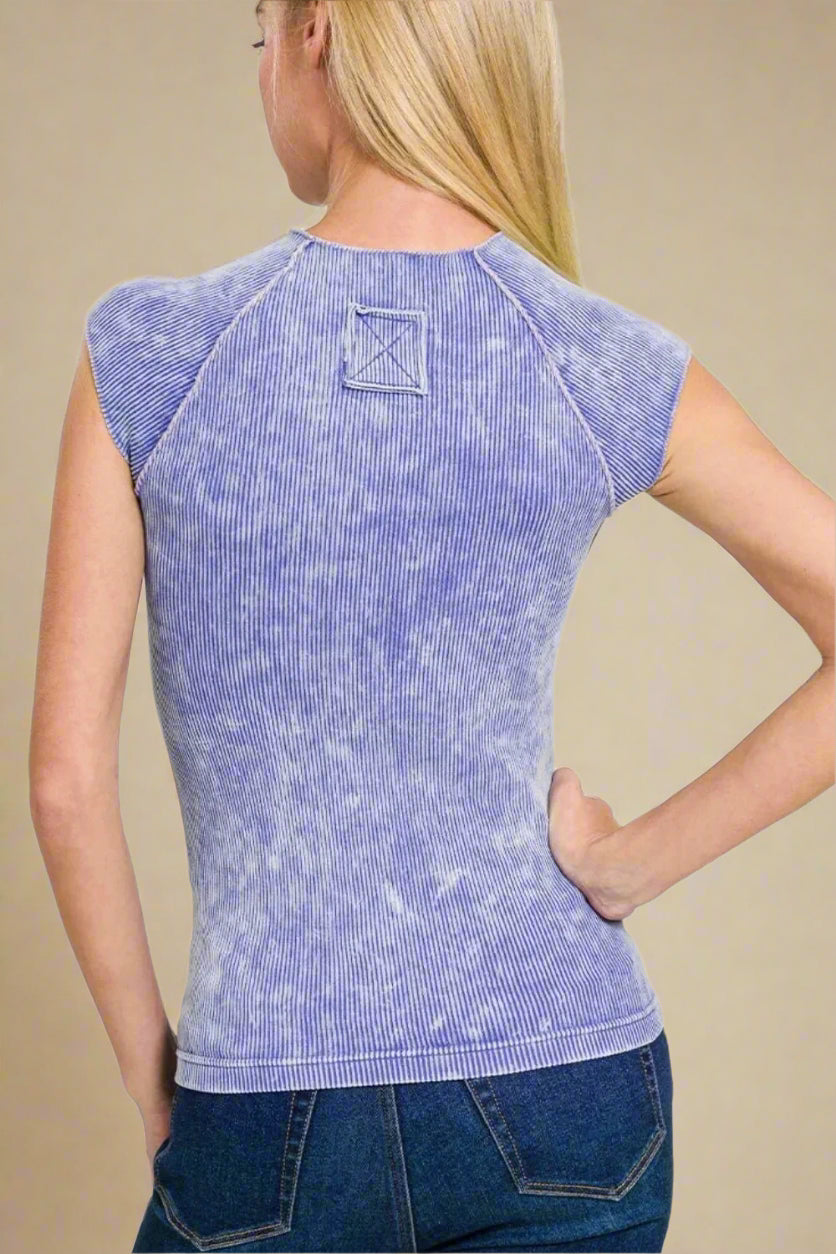 Zenana - Washed Periwinkle Rib Knit Cap Sleeve Top