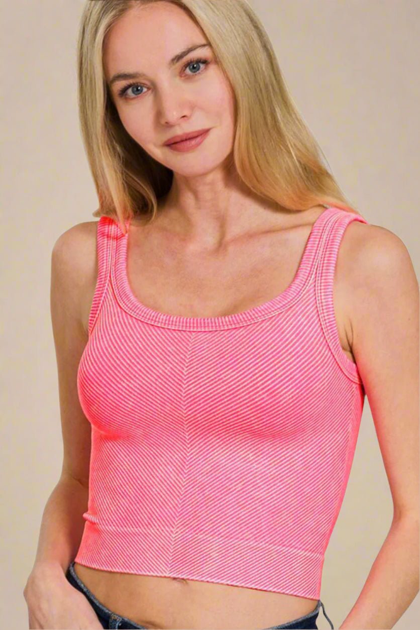 Zenana - Washed Rib Knit Crop Tank Top in Neon Coral Fuchsia