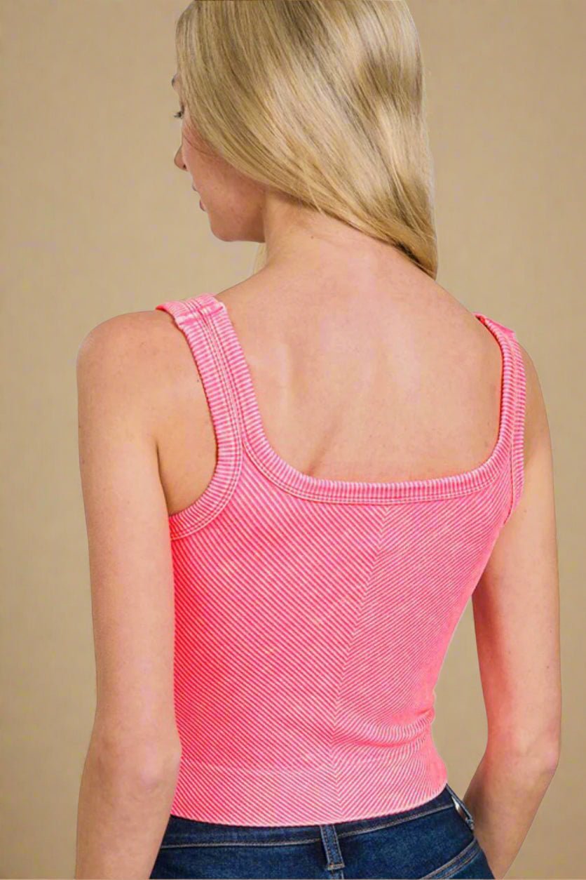 Zenana - Washed Rib Knit Crop Tank Top in Neon Coral Fuchsia