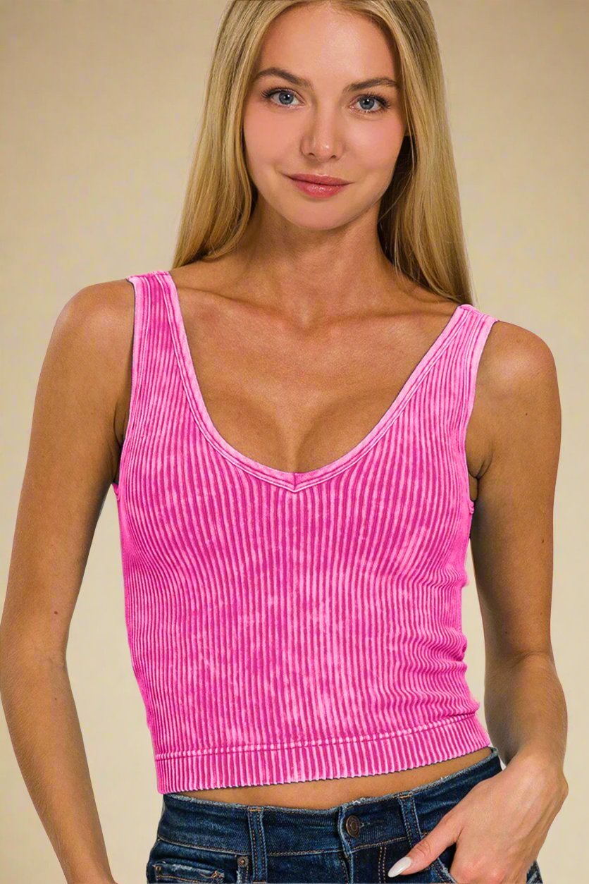 Zenana - Washed Rib Knit Cropped Tank Top in Hot Pink