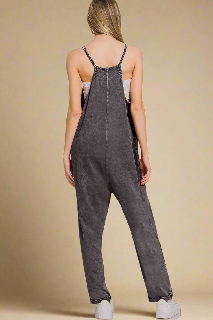 Zenana - Washed Spaghetti Strap Jumpsuit with Pockets in Ash Black