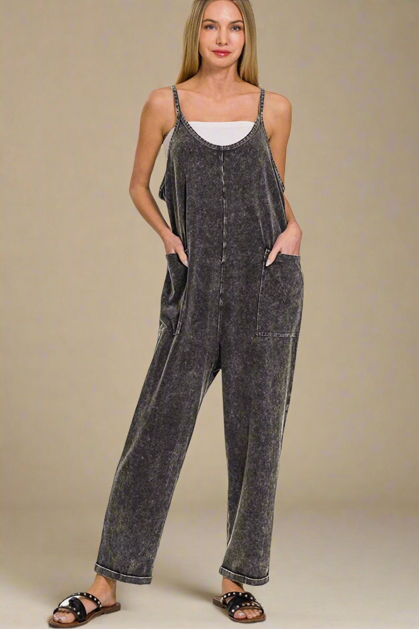 Zenana - Washed Spaghetti Strap Jumpsuit with Pockets in Ash Black