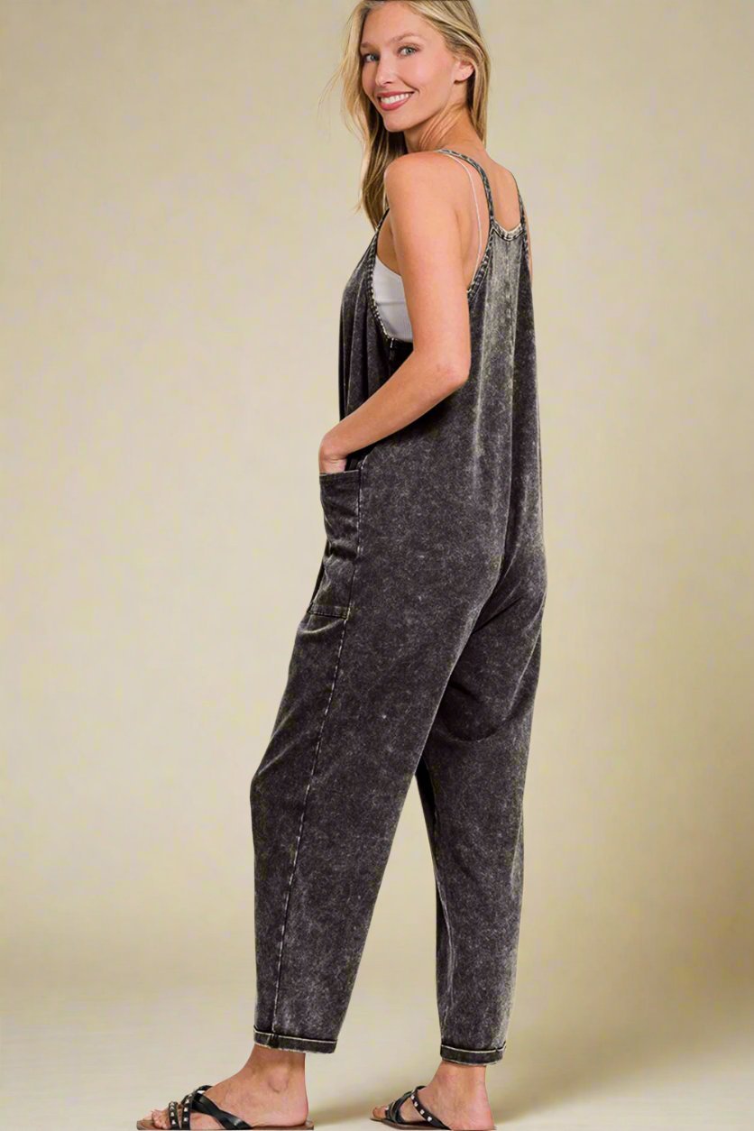 Zenana - Washed Spaghetti Strap Jumpsuit with Pockets in Ash Black