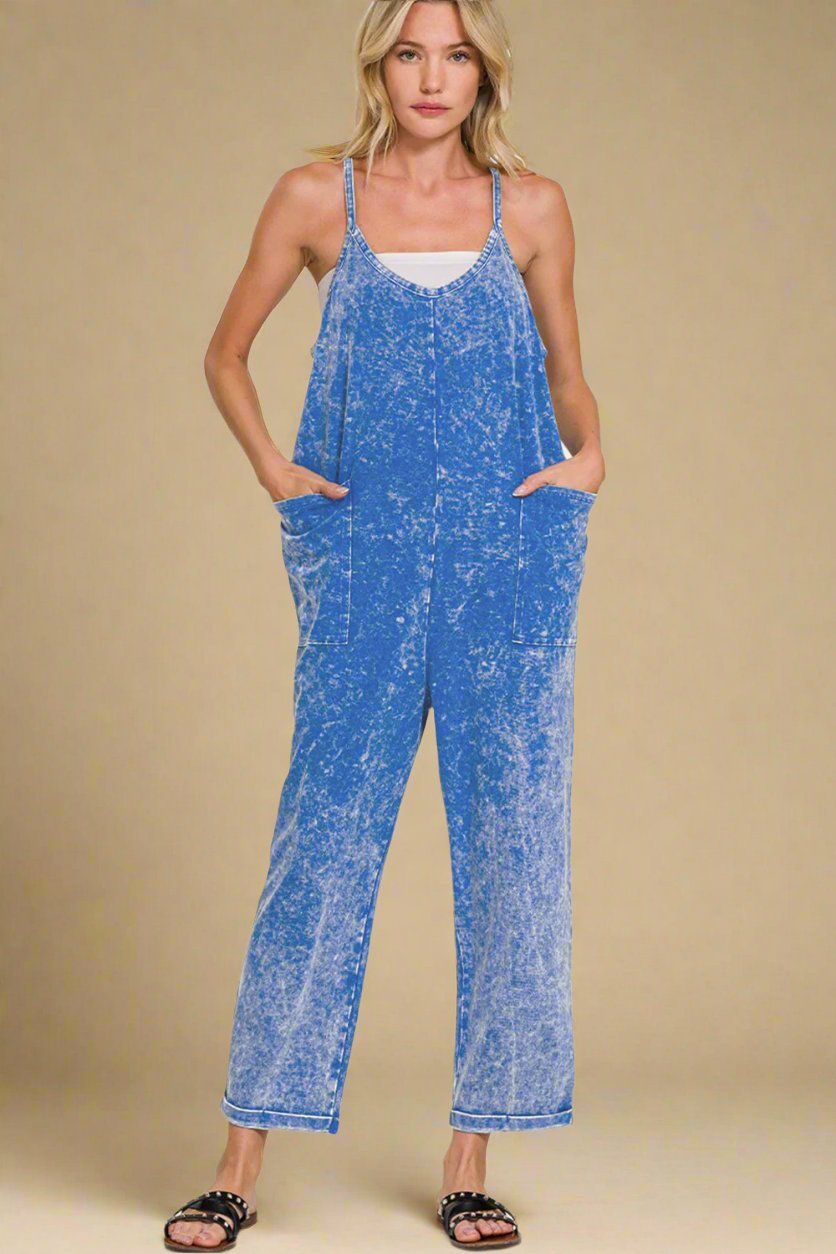 Zenana - Washed Spaghetti Strap Jumpsuit with Pockets in Classic Blue