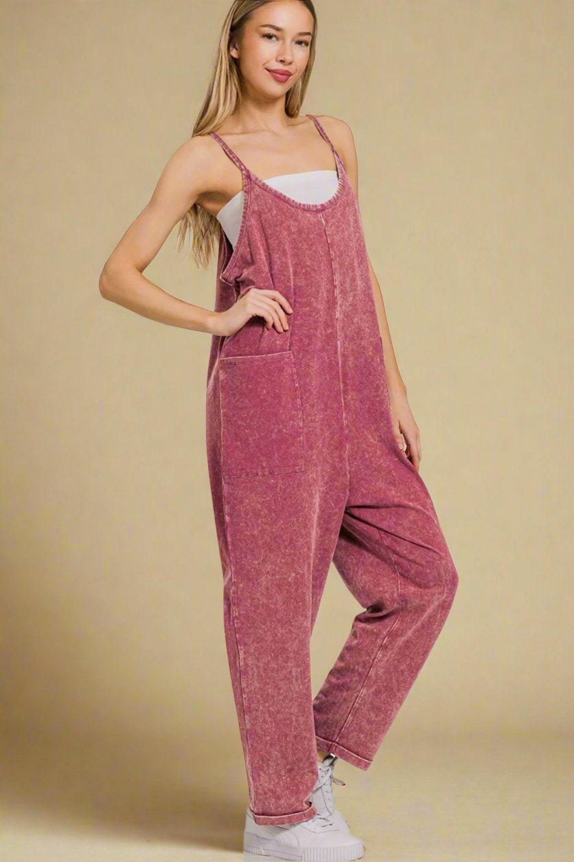 Zenana - Washed Spaghetti Strap Jumpsuit with Pockets in Dark Burgundy