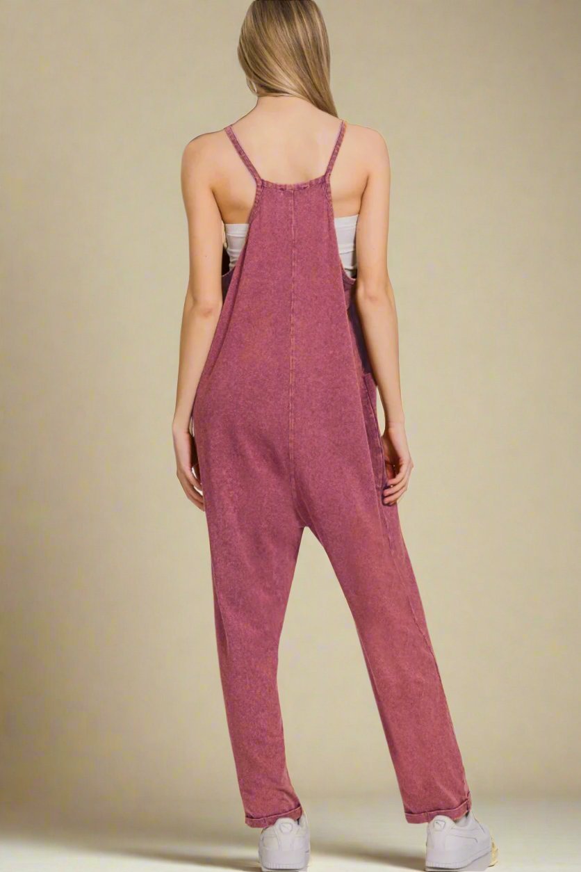 Zenana - Washed Spaghetti Strap Jumpsuit with Pockets in Dark Burgundy