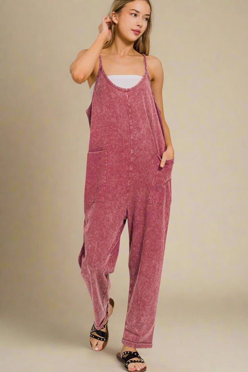 Zenana - Washed Spaghetti Strap Jumpsuit with Pockets in Dark Burgundy