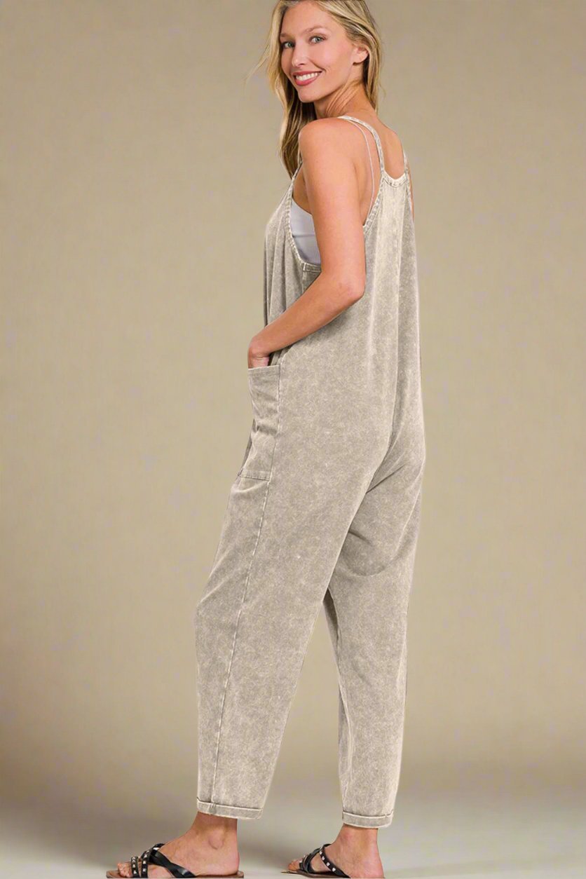 Zenana - Washed Spaghetti Strap Jumpsuit with Pockets in Sleet