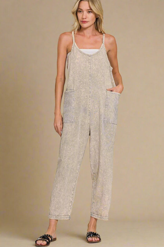 Zenana - Washed Spaghetti Strap Jumpsuit with Pockets in Sleet