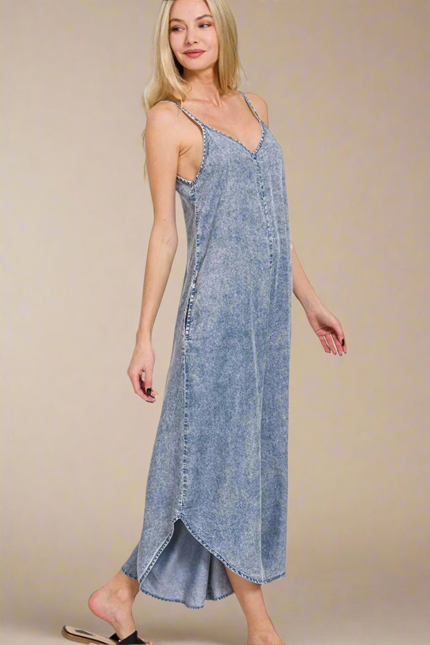Zenana - Washed Wide Leg Cami Jumpsuit in Denim Blue