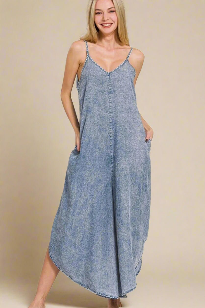Zenana - Washed Wide Leg Cami Jumpsuit in Denim Blue