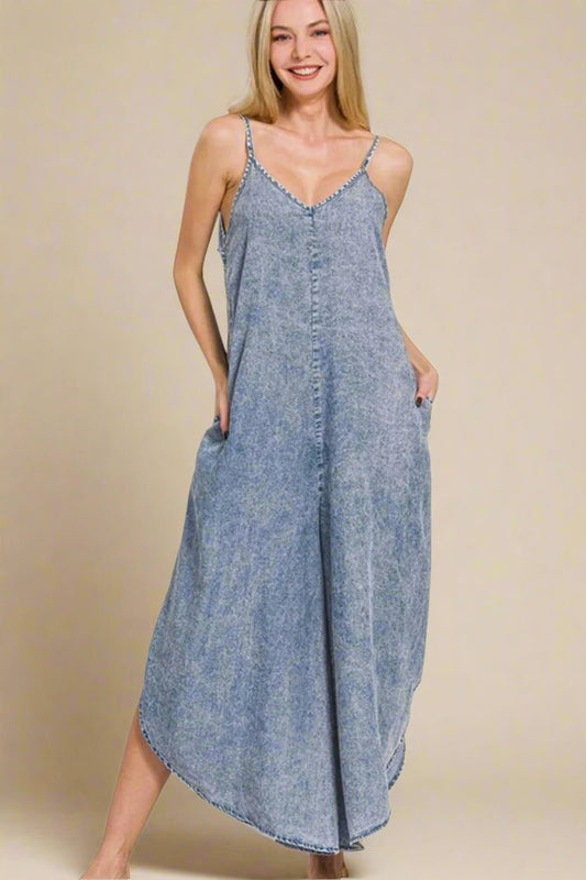 Zenana - Washed Wide Leg Cami Jumpsuit in Denim Blue