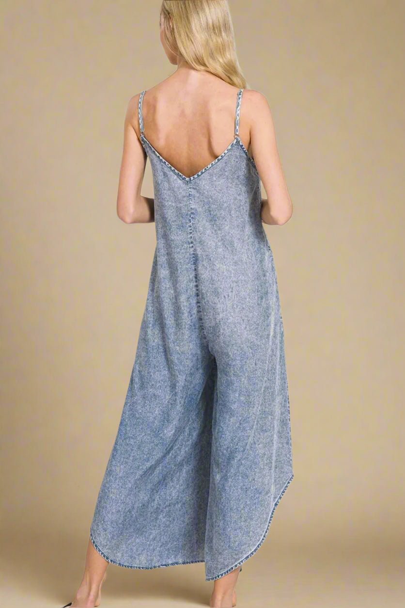 Zenana - Washed Wide Leg Cami Jumpsuit in Denim Blue