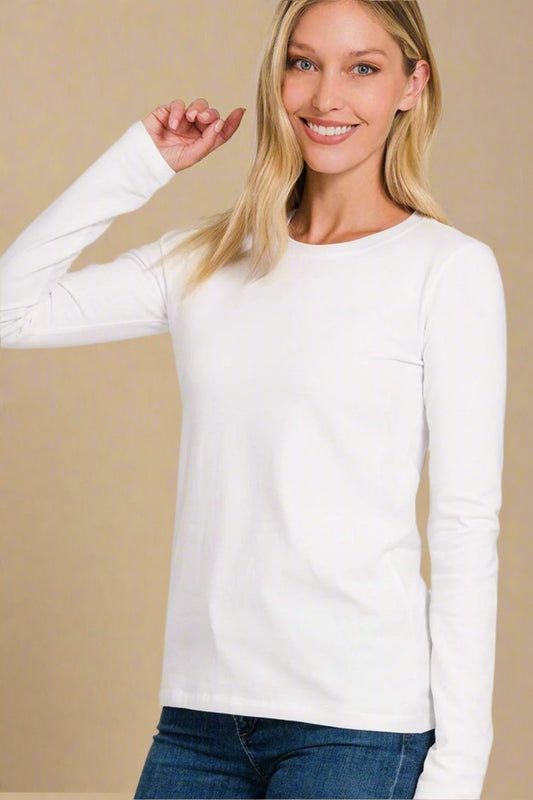 Zenana - White Crew Neck Long Sleeve T-Shirt