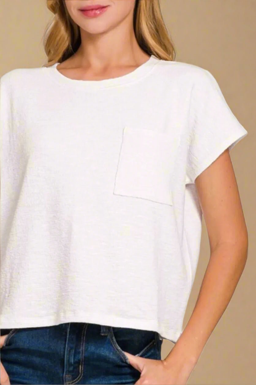 Zenana - White Slub Knit Pocket Tee