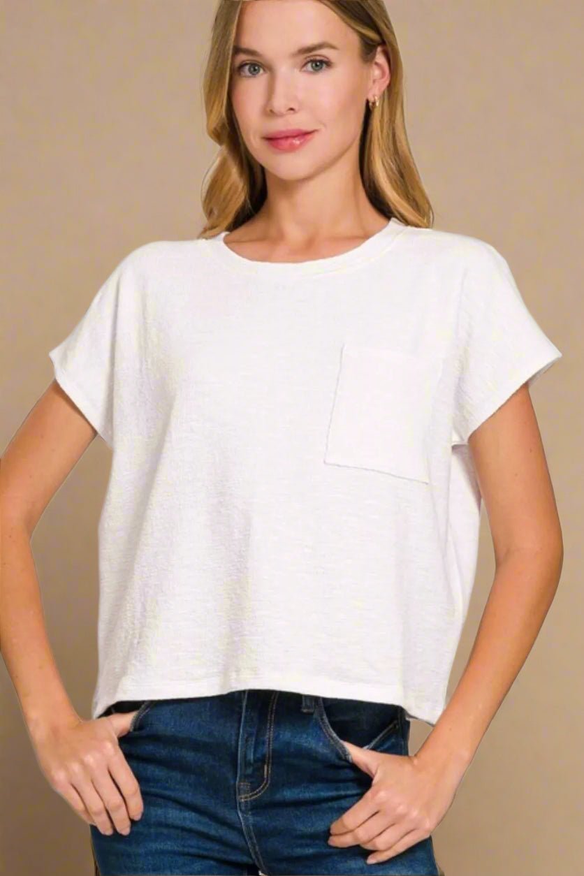 Zenana - White Slub Knit Pocket Tee