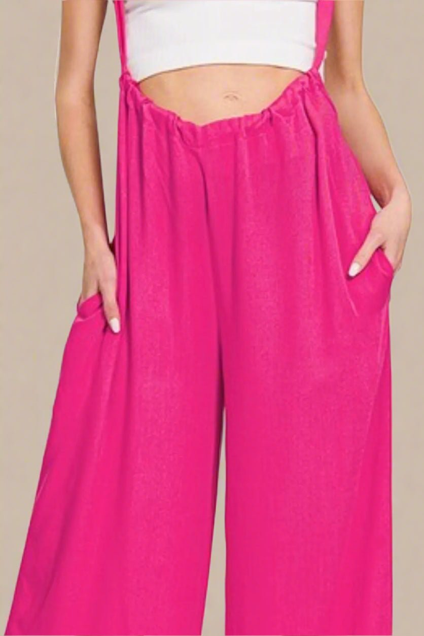 Zenana - Wide Leg Tie Back Overalls in Hot Pink