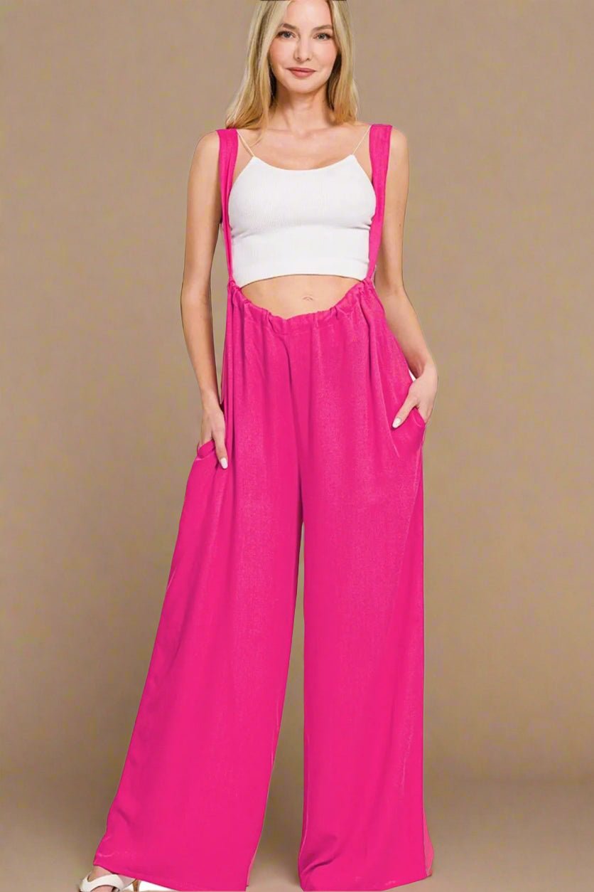 Zenana - Wide Leg Tie Back Overalls in Hot Pink