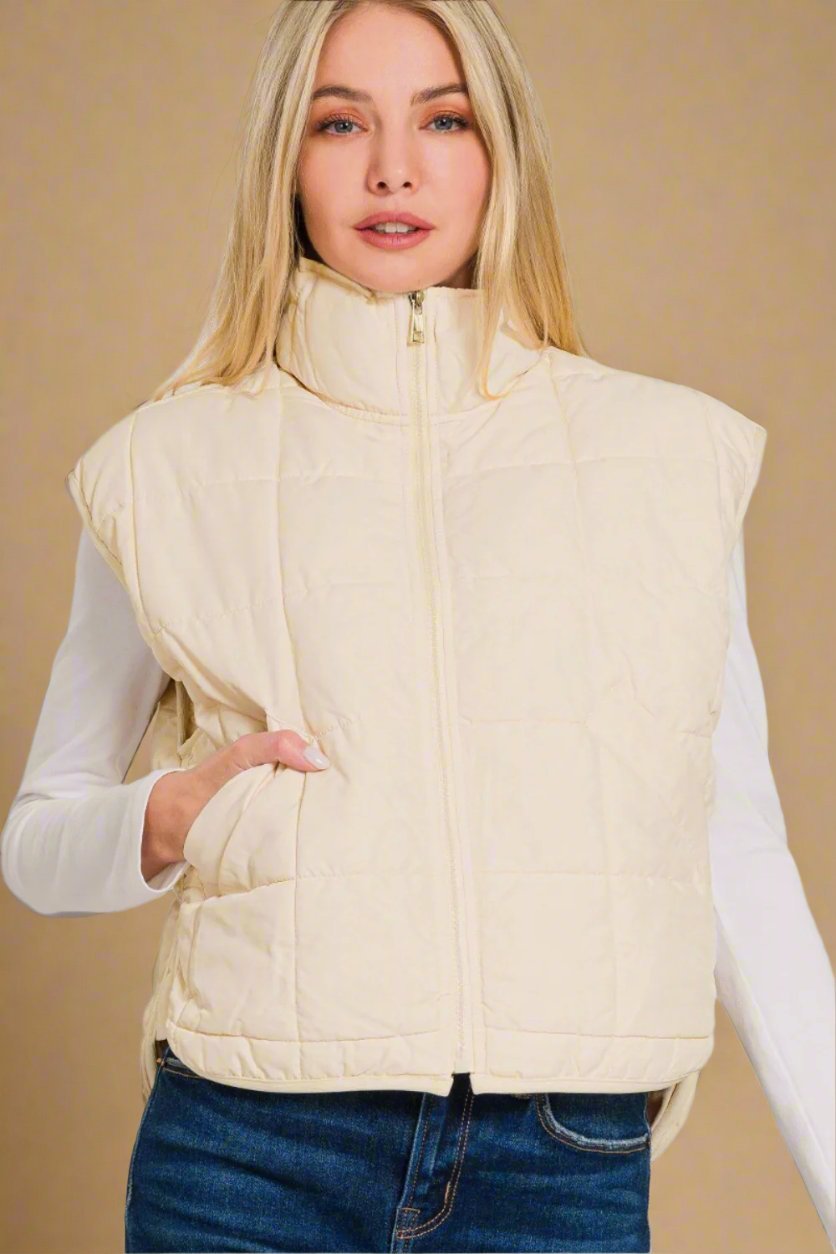 Zenana - Zip Up Cropped Puffer Vest in Cream