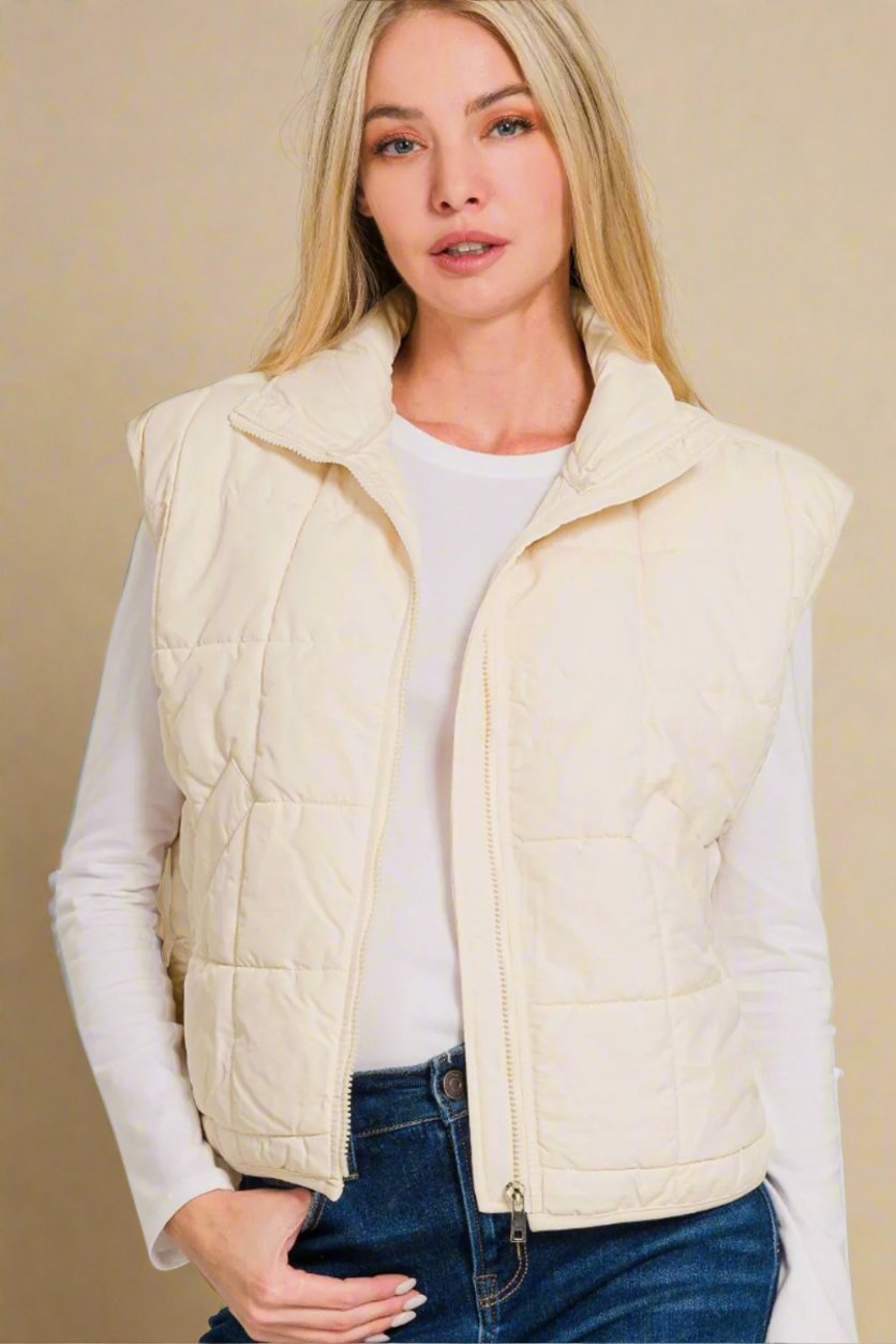 Zenana - Zip Up Cropped Puffer Vest in Cream