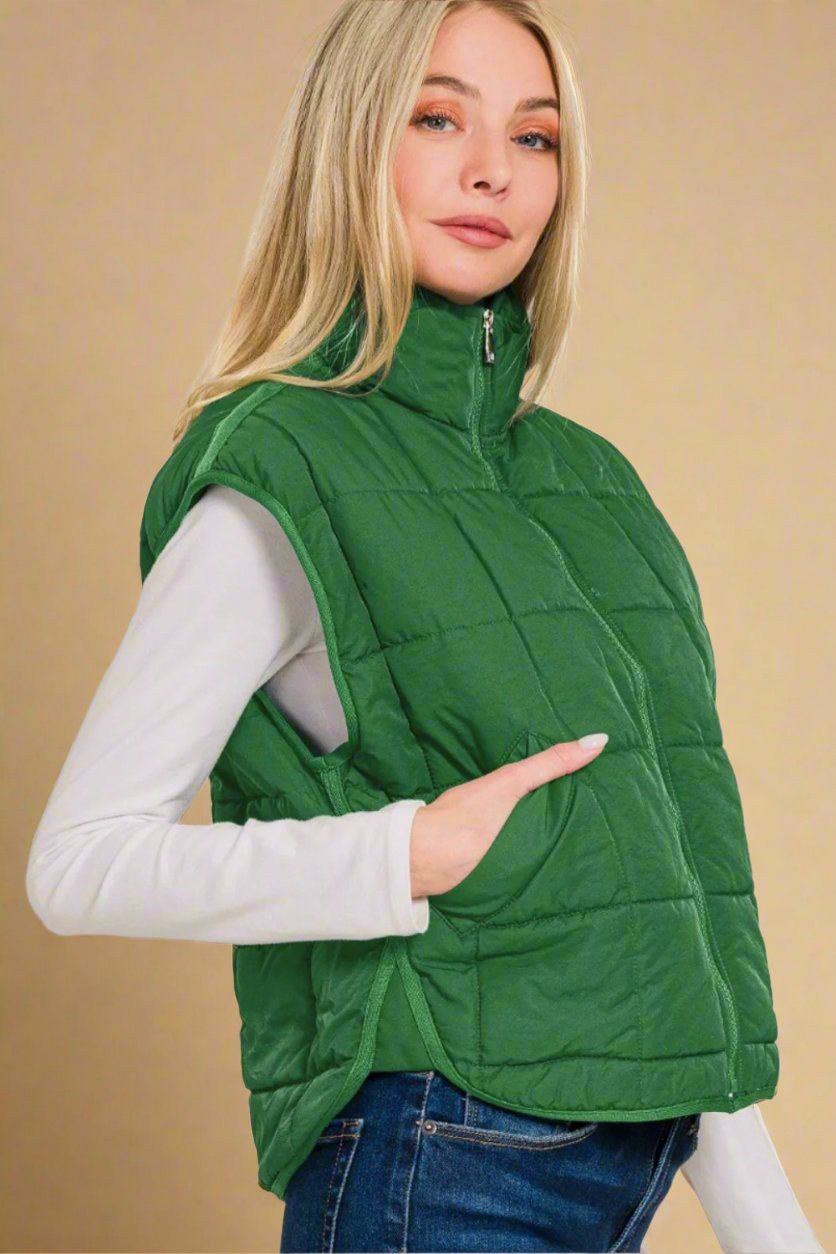 Zenana - Zip Up Cropped Puffer Vest in Dark Green