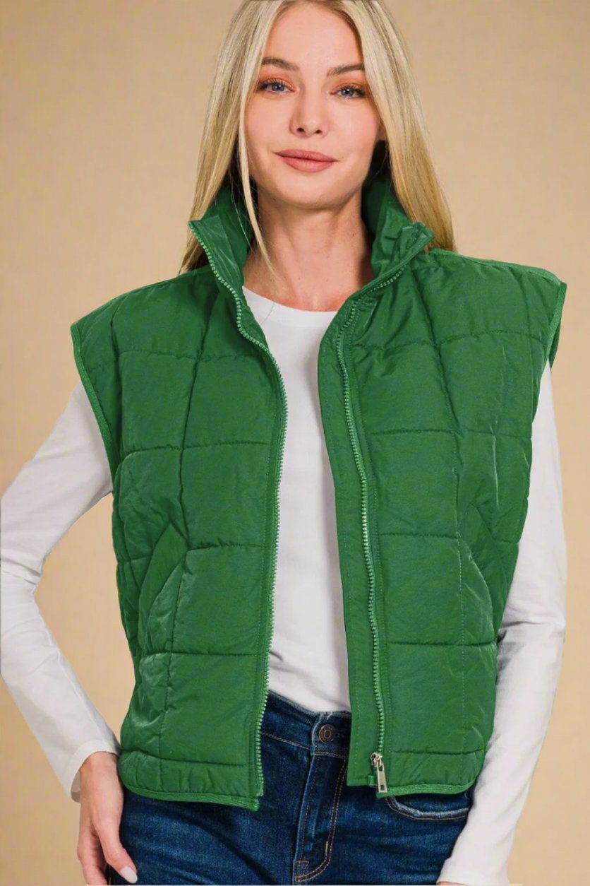 Zenana - Zip Up Cropped Puffer Vest in Dark Green