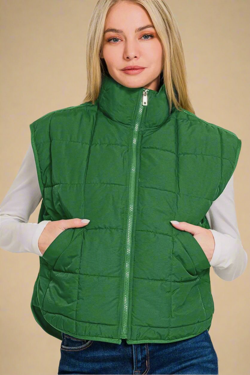 Zenana - Zip Up Cropped Puffer Vest in Dark Green