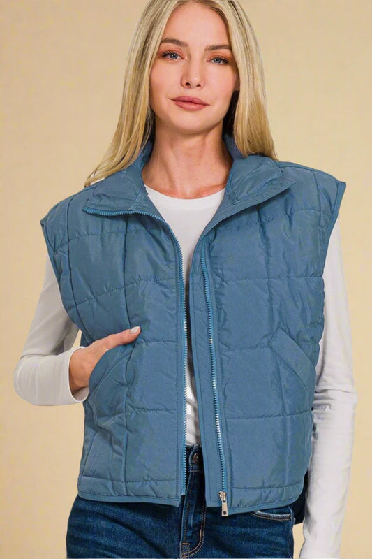 Zenana - Zip Up Cropped Puffer Vest in Dusty Blue