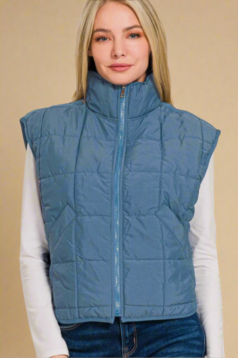 Zenana - Zip Up Cropped Puffer Vest in Dusty Blue