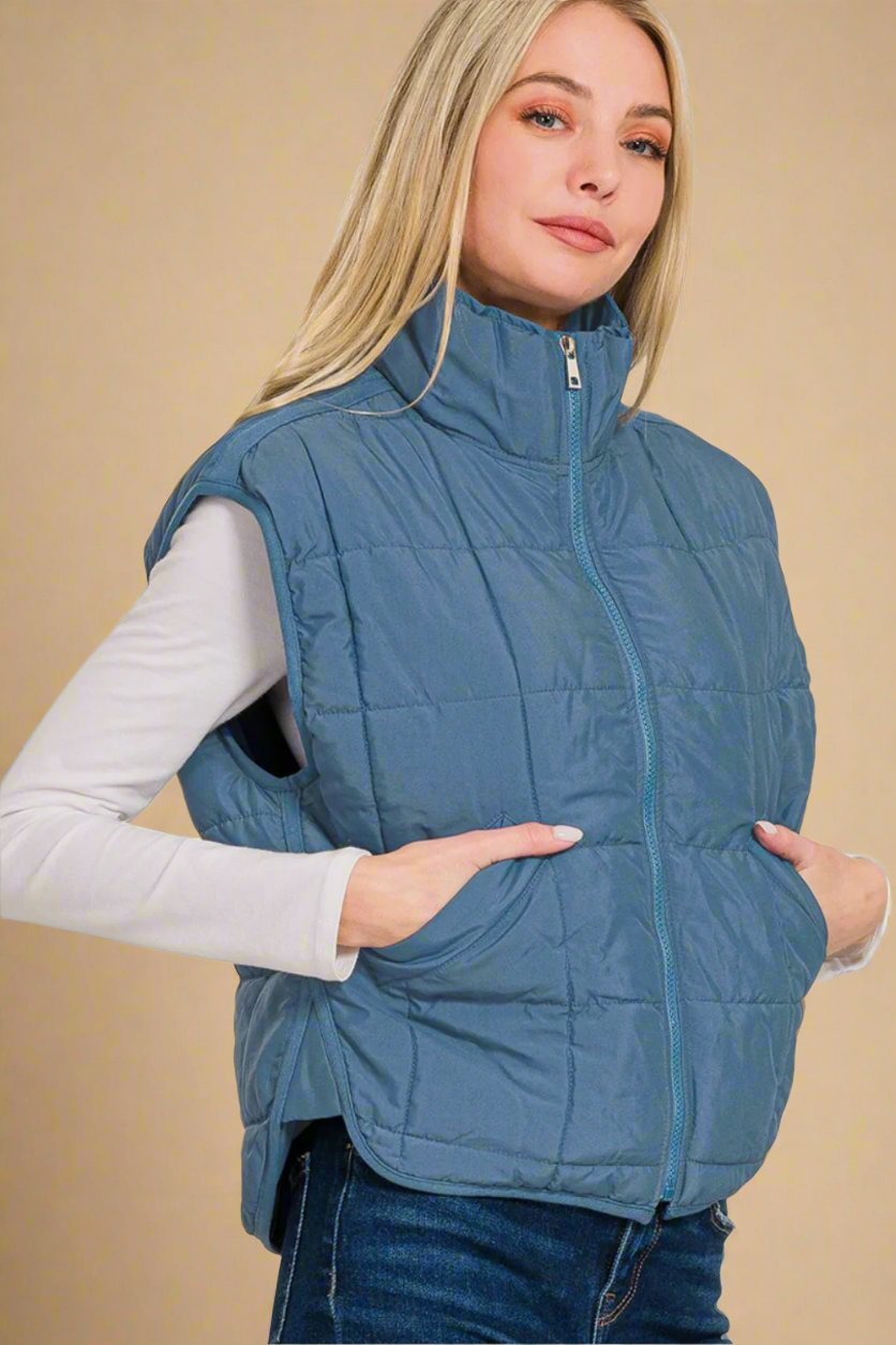 Zenana - Zip Up Cropped Puffer Vest in Dusty Blue