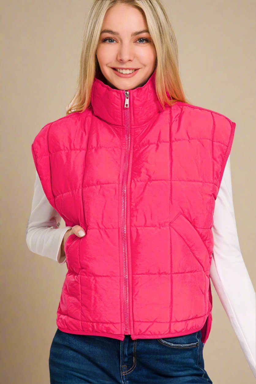 Zenana - Zip Up Cropped Puffer Vest with Pockets in Hot Pink