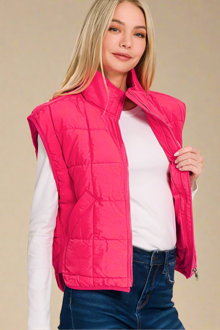 Zenana - Zip Up Cropped Puffer Vest with Pockets in Hot Pink