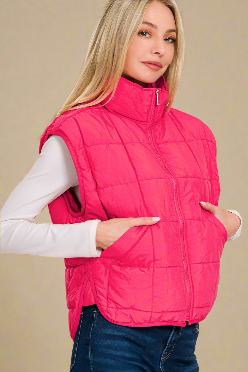 Zenana - Zip Up Cropped Puffer Vest with Pockets in Hot Pink