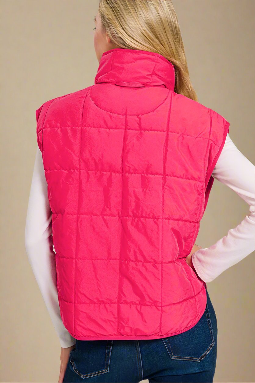 Zenana - Zip Up Cropped Puffer Vest with Pockets in Hot Pink