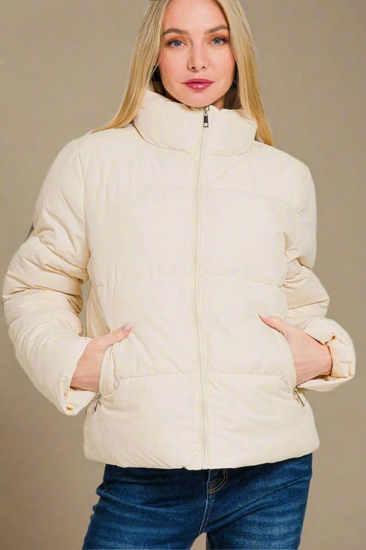 Zenana - Zip Up Puffer Jacket with Pockets in Cream