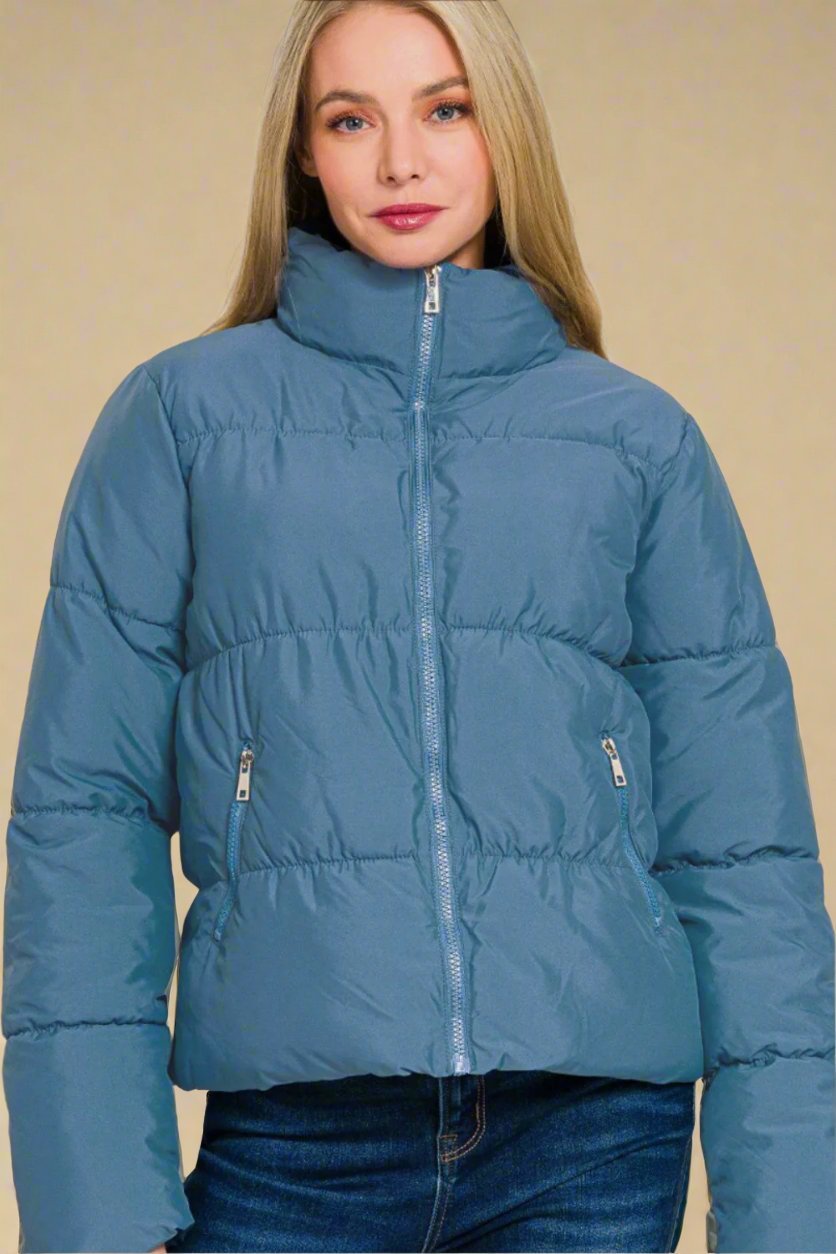 Zenana - Zip Up Puffer Jacket with Pockets in Dusty Blue