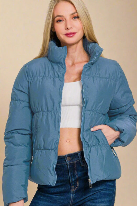 Zenana - Zip Up Puffer Jacket with Pockets in Dusty Blue