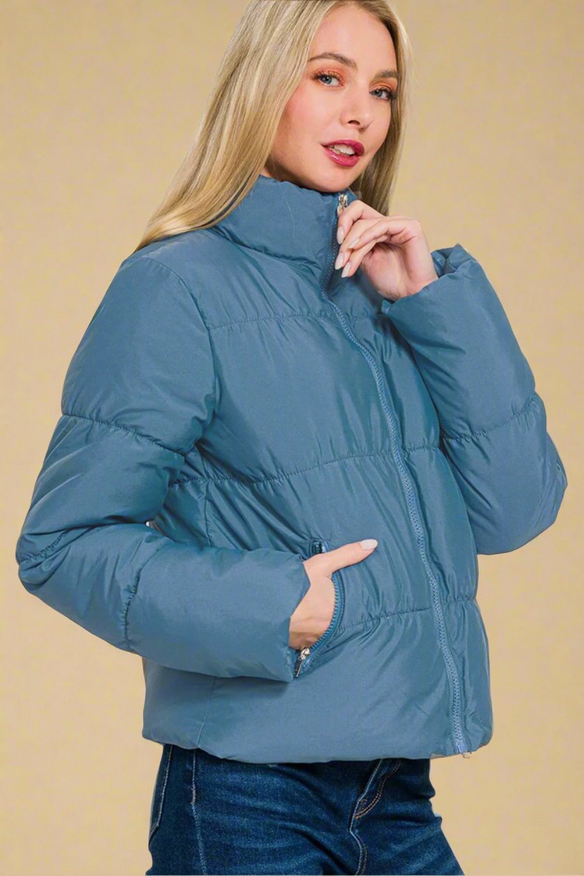 Zenana - Zip Up Puffer Jacket with Pockets in Dusty Blue