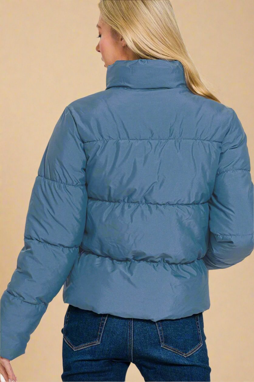 Zenana - Zip Up Puffer Jacket with Pockets in Dusty Blue