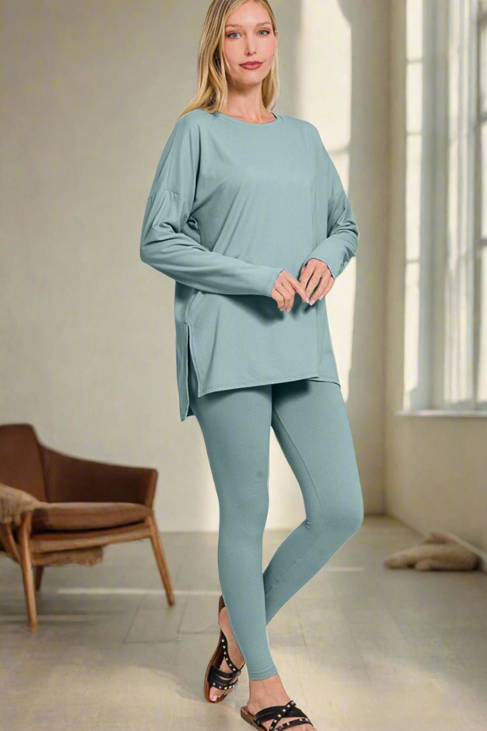 ZenanaBrushed Microfiber Top and Leggings Lounge Set in Blue Grey