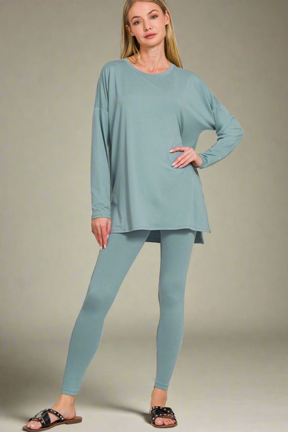 ZenanaBrushed Microfiber Top and Leggings Lounge Set in Blue Grey