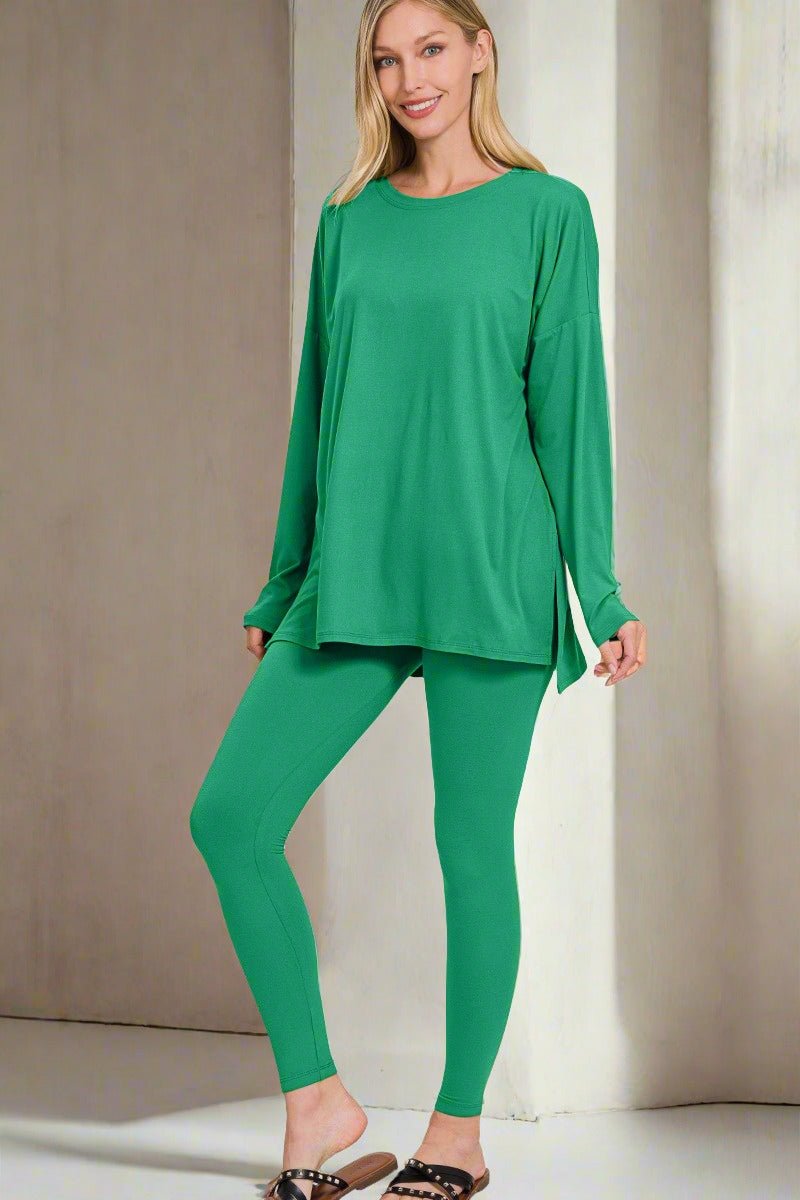 ZenanaBrushed Microfiber Top and Leggings Lounge Set in Kelly Green