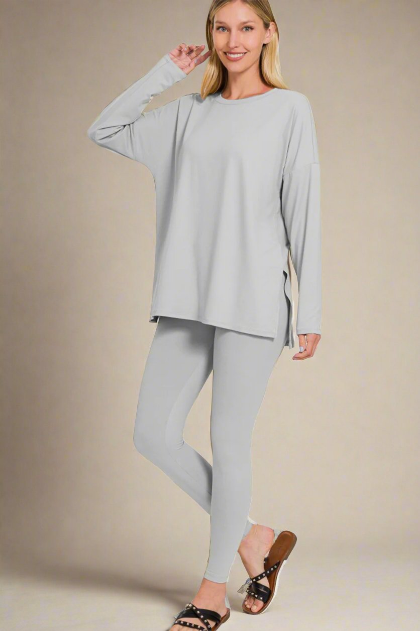 ZenanaBrushed Microfiber Top and Leggings Lounge Set in Light Grey