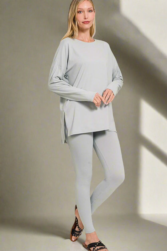 ZenanaBrushed Microfiber Top and Leggings Lounge Set in Light Grey