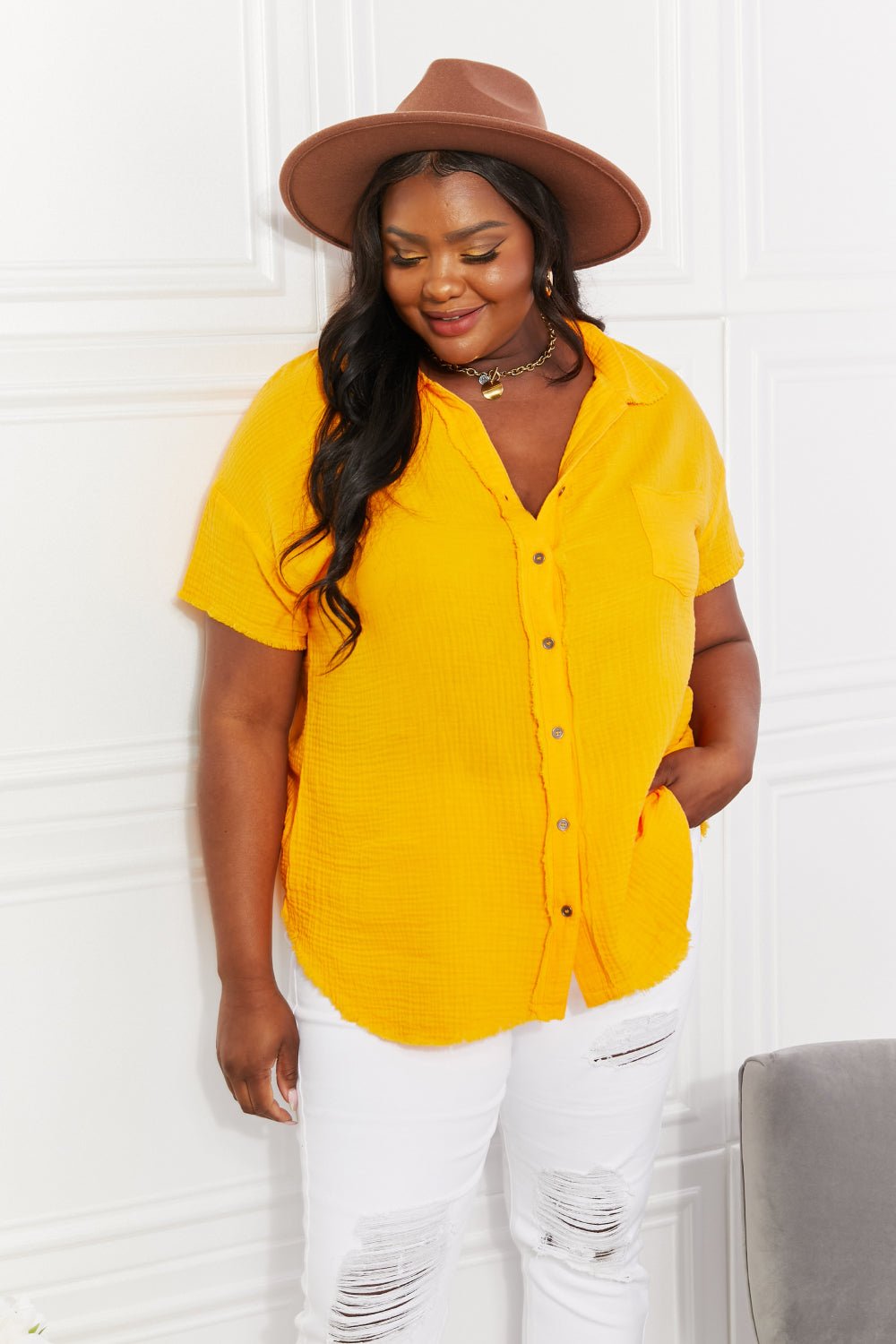 ZenanaCotton Gauze Short Sleeve Shirt in Gold