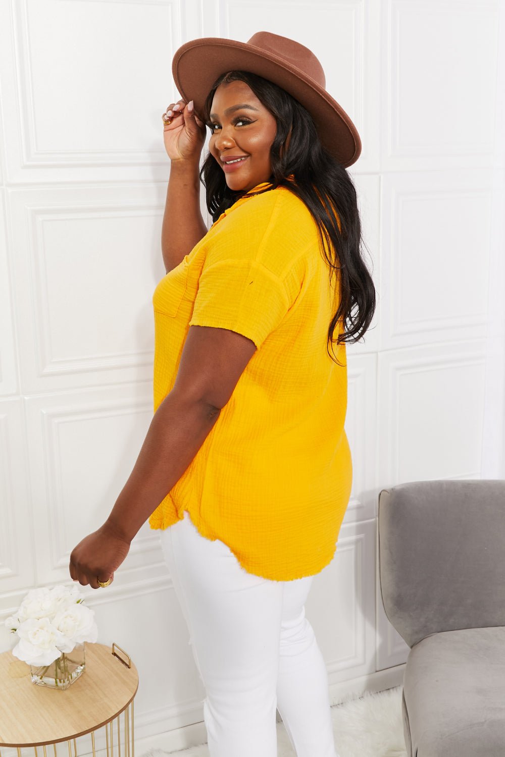 ZenanaCotton Gauze Short Sleeve Shirt in Gold