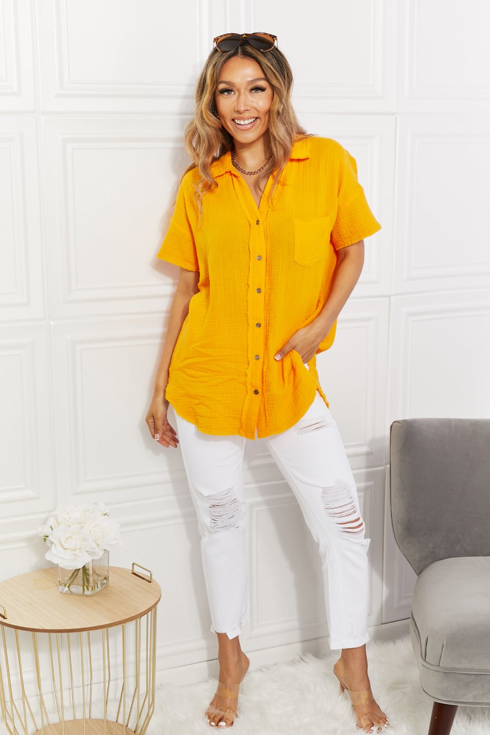 ZenanaCotton Gauze Short Sleeve Shirt in Gold