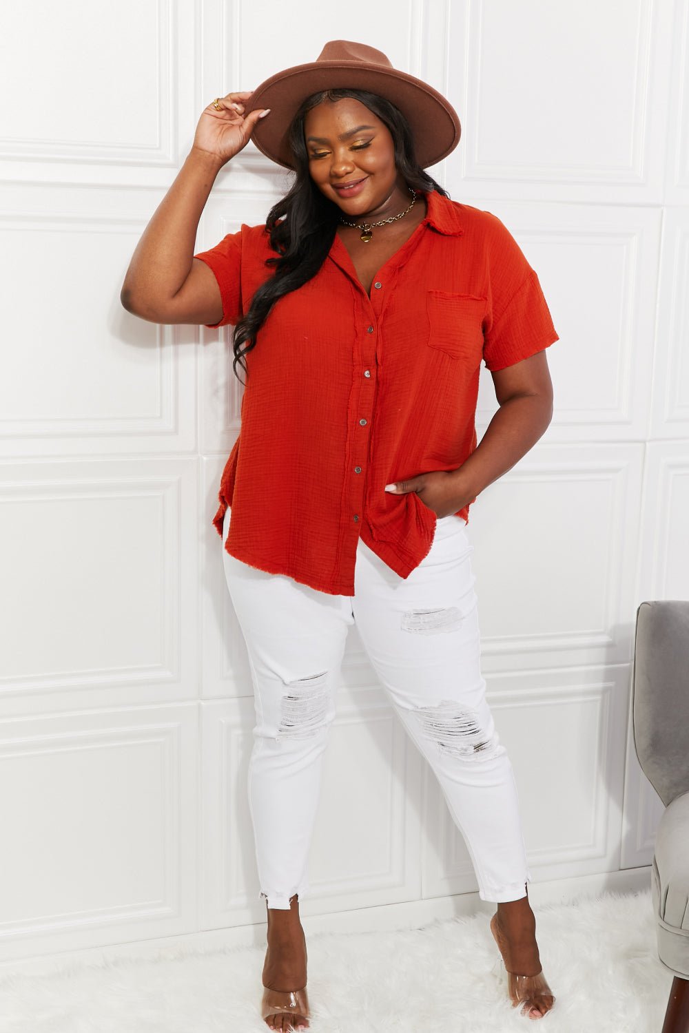 ZenanaCotton Gauze Short Sleeve Shirt in Orange Red