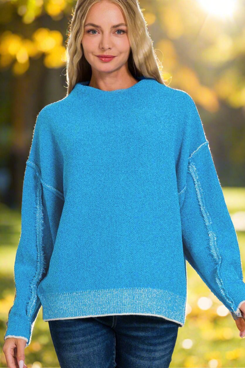 ZenanaExposed Seams Mock Neck Long Sleeve Sweater in Deep Sky