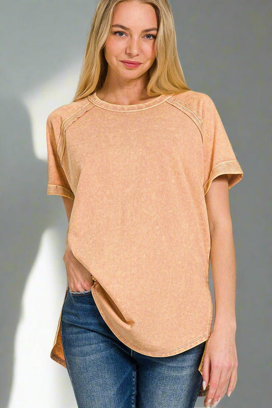 ZenanaHeathered Crew Neck Short Sleeve Top in Brush